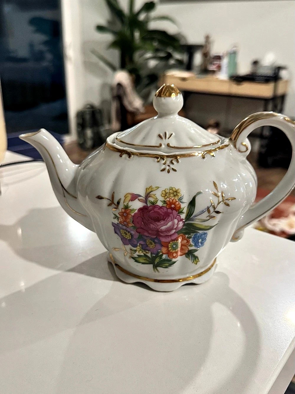 Floral Porcelain Teapot Music Box in White & Gold